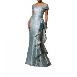 NEW MGNY off-the-shoulder neck metallic dress in light blue